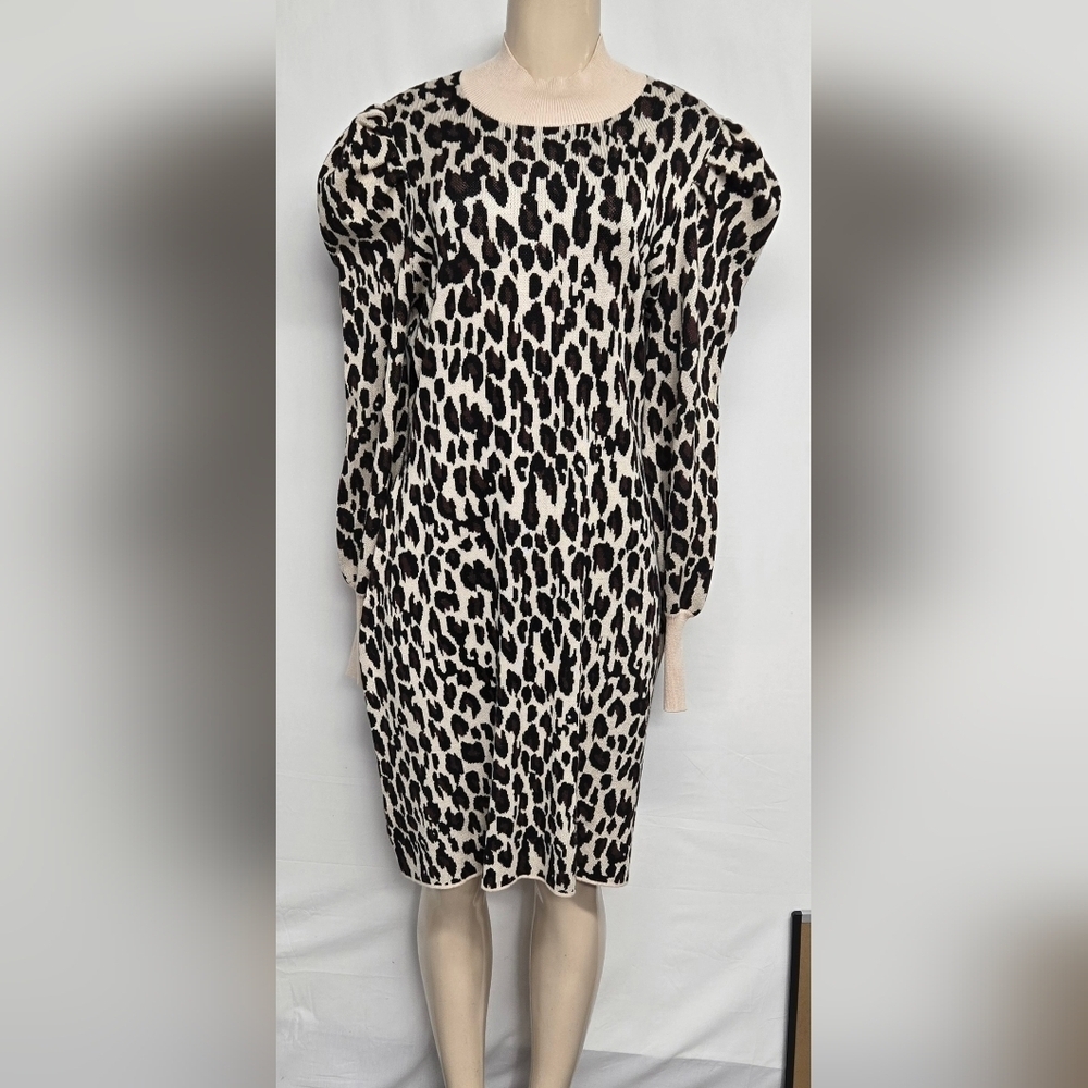 Just Taylor XL Dress Knit Pleated Shoulder Puff Mock Neck Leopard Print